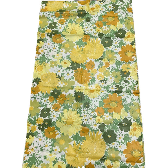 Vintage Fabric Remnant Yellow Orange White Green 1970's Floral Polished Cotton - Picture 2 of 4
